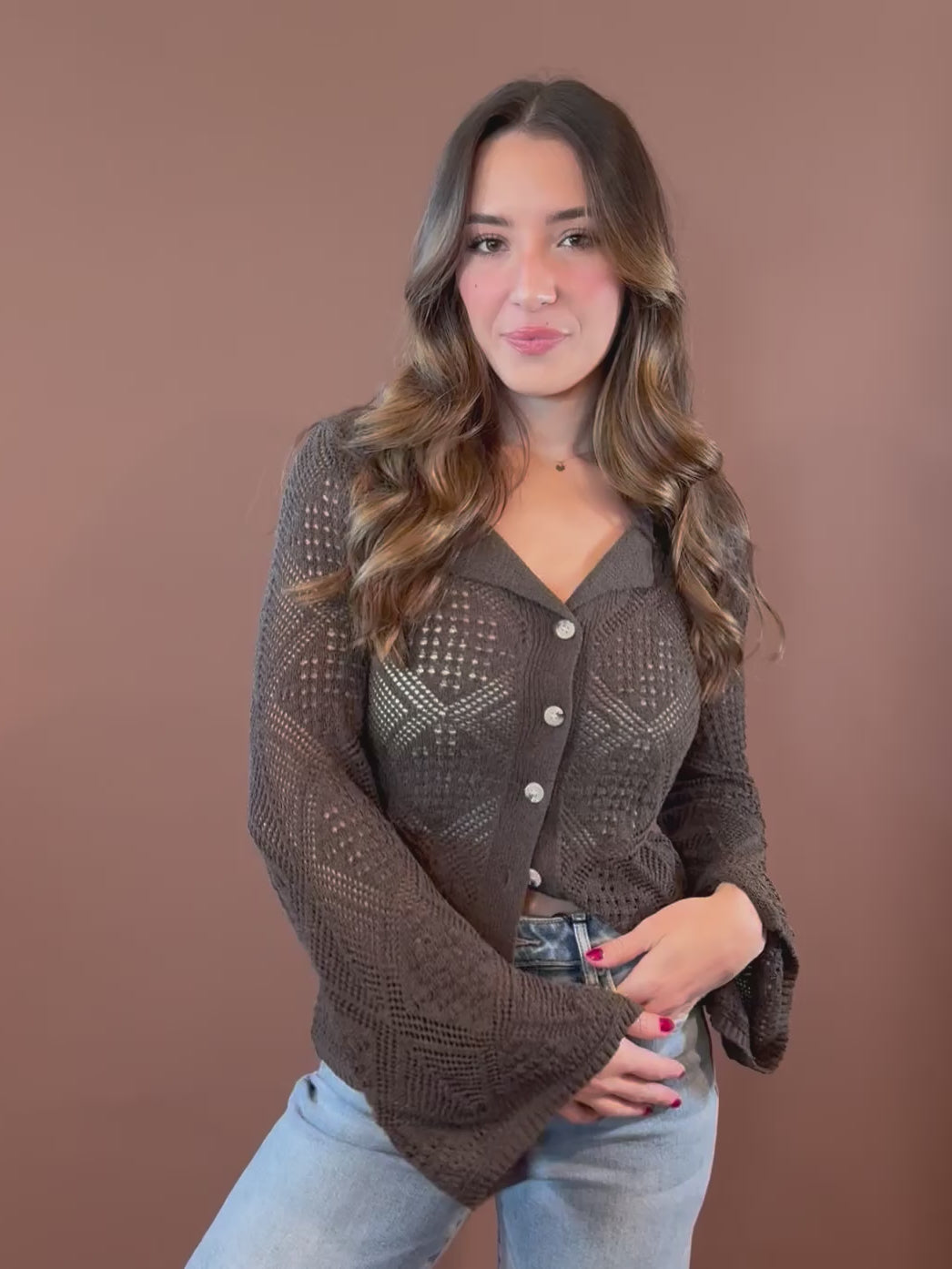  Willow Long Sleeve Knit Sweater Top in Charcoal