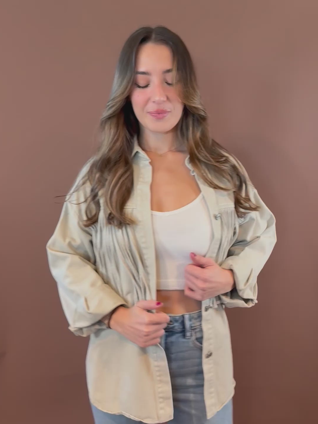 Asher Oversized Fringe Denim Jacket in Sand